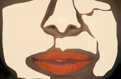 False color image render of a spectral image exhibiting lip, mole, skin and specular reflection