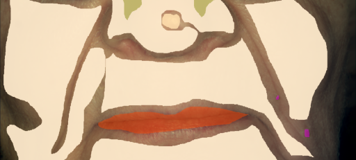 False color image render of a spectral image exhibiting lip, mole, shadow/noise, skin and specular reflection