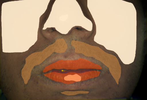 False color image render of a spectral image exhibiting hair, lip, skin and specular reflection