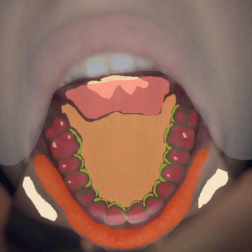 False color image render of a spectral image exhibiting enamel, hard palate, lip, marginal gingiva, out of focus area, skin, soft palate and specular reflection