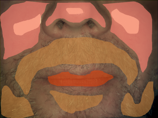 False color image render of a spectral image exhibiting hair, lip, soft palate and specular reflection